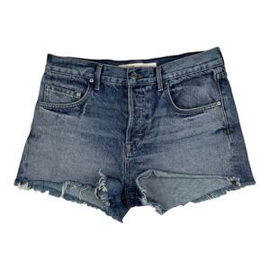 GRLFRND The Jaden Low Rise Boyfriend Blue Denim Frayed Raw Hem Shorts Size 26